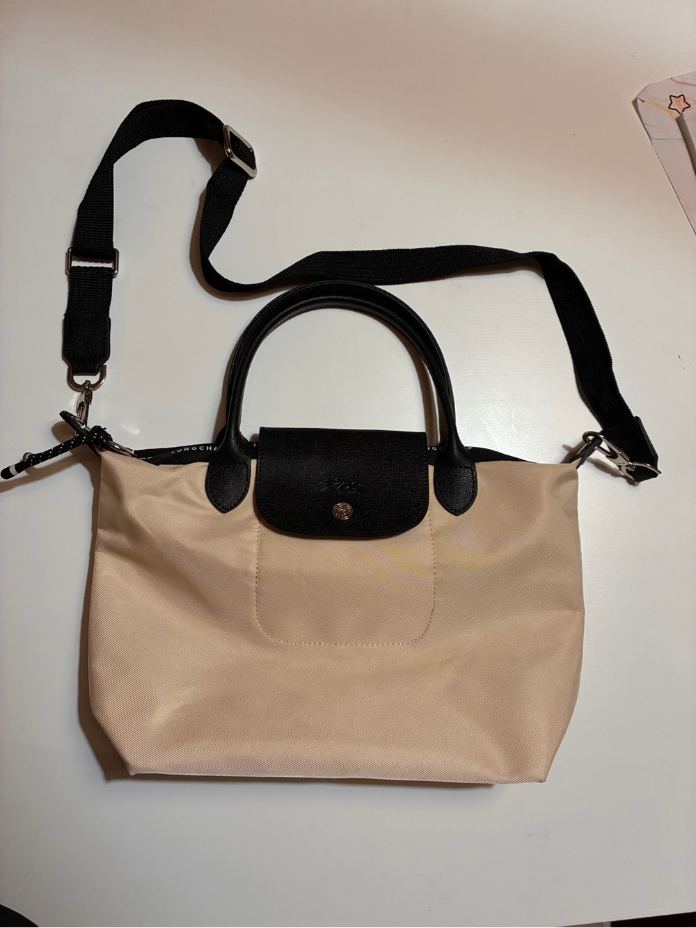 Longchamp Beige Tote with Black Trim and Strap